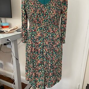 J. Crew Green Floral Long-Sleeve Midi Dress